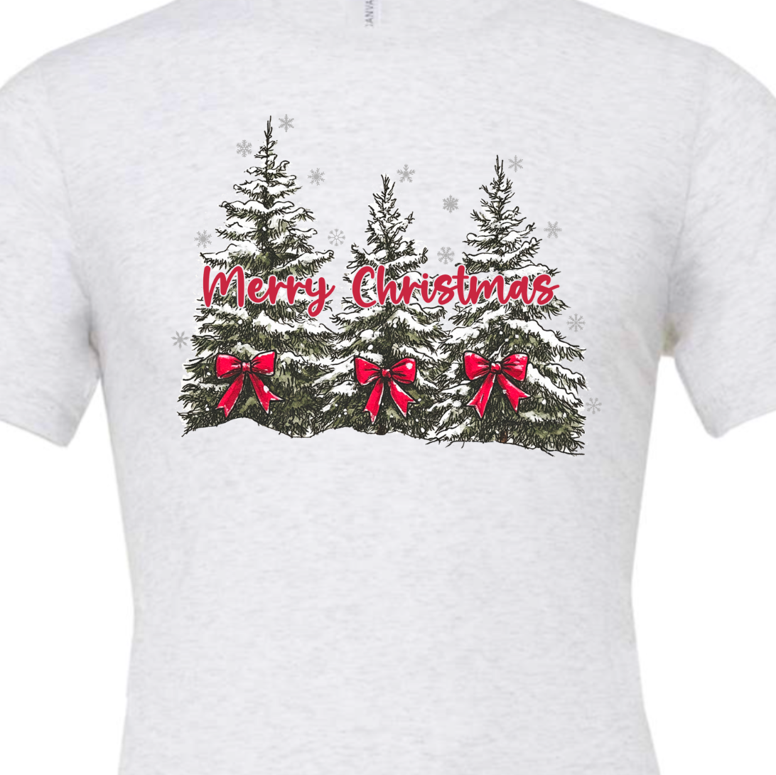 Merry Christmas Sweatshirt – Snowy Christmas Trees Crewneck, Vintage Holiday Tee, Red Bow Christmas Shirt, Cozy Winter Unisex Pullover
