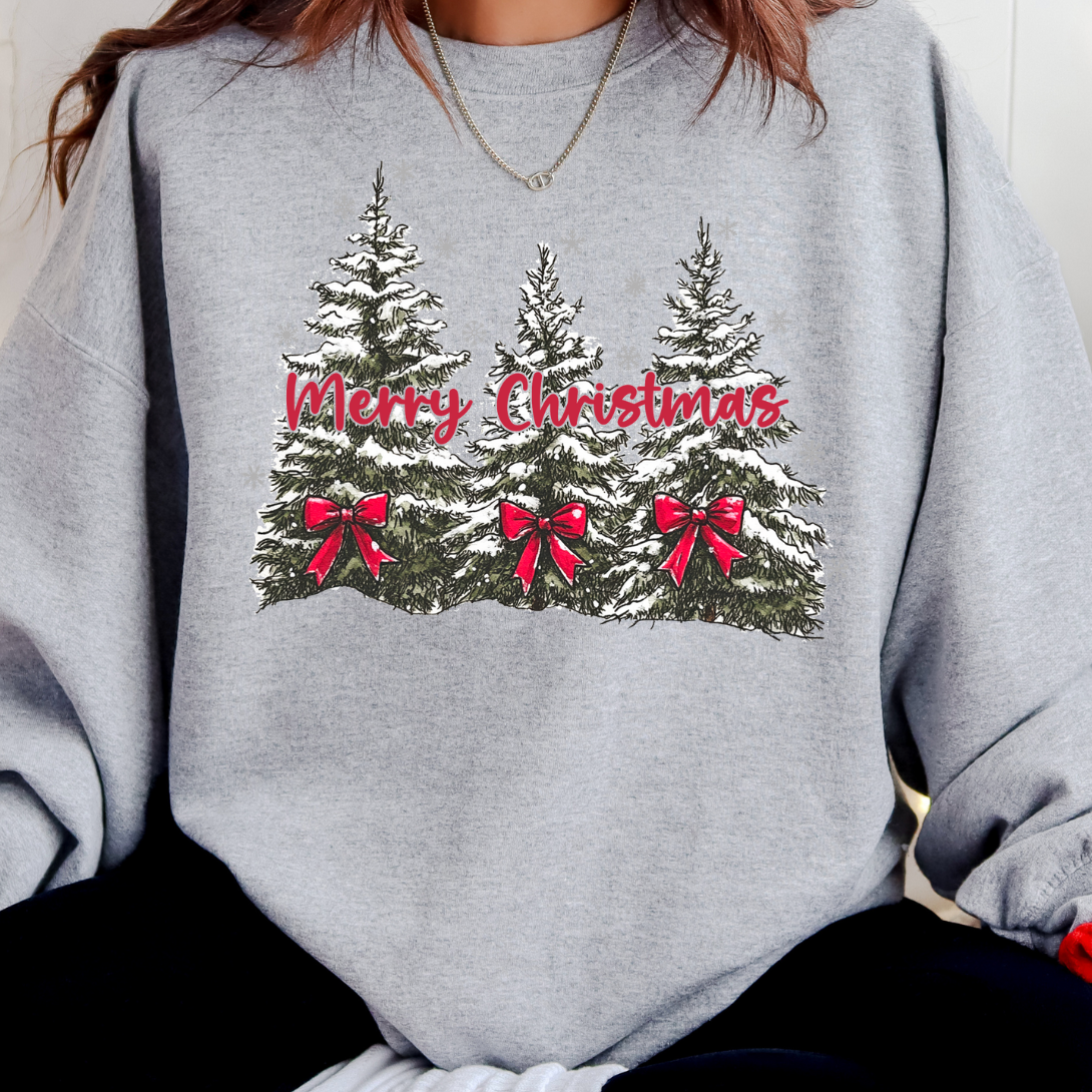 Merry Christmas Sweatshirt – Snowy Christmas Trees Crewneck, Vintage Holiday Tee, Red Bow Christmas Shirt, Cozy Winter Unisex Pullover