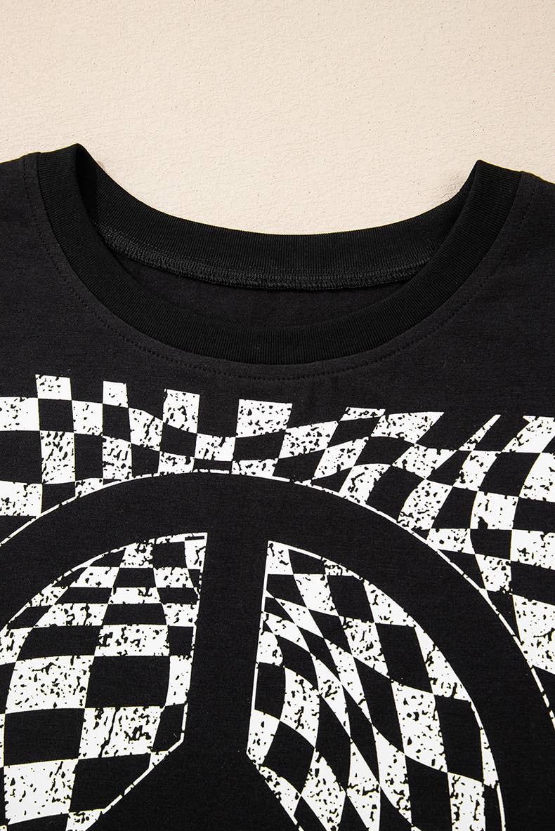 Chequered printed crew neck short-sleeved T-shirt