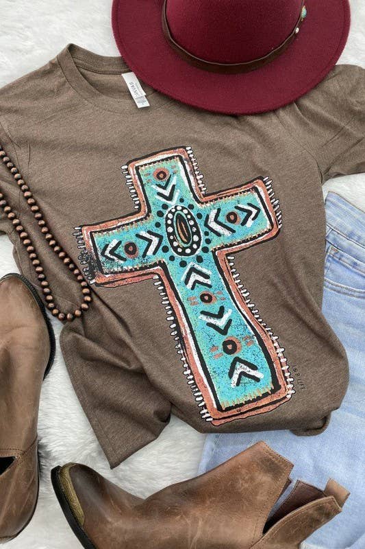 Turquoise Cross Graphic T-Shirt – Faith, Love & Boho Western Style Tee for Women