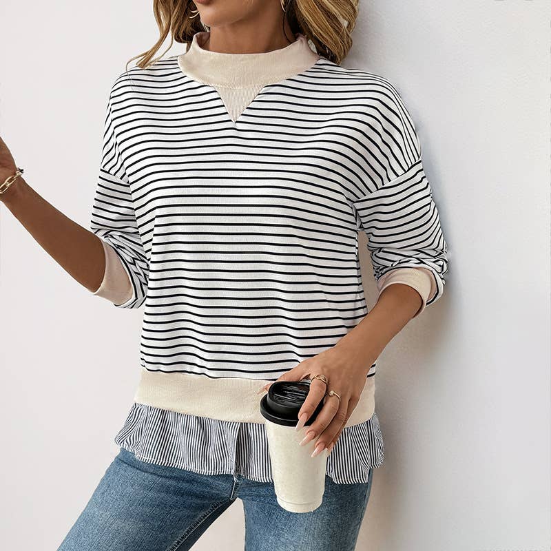 CREW-NECK STRIPED PATCHWORK FAKE TWO T-SHIRTS