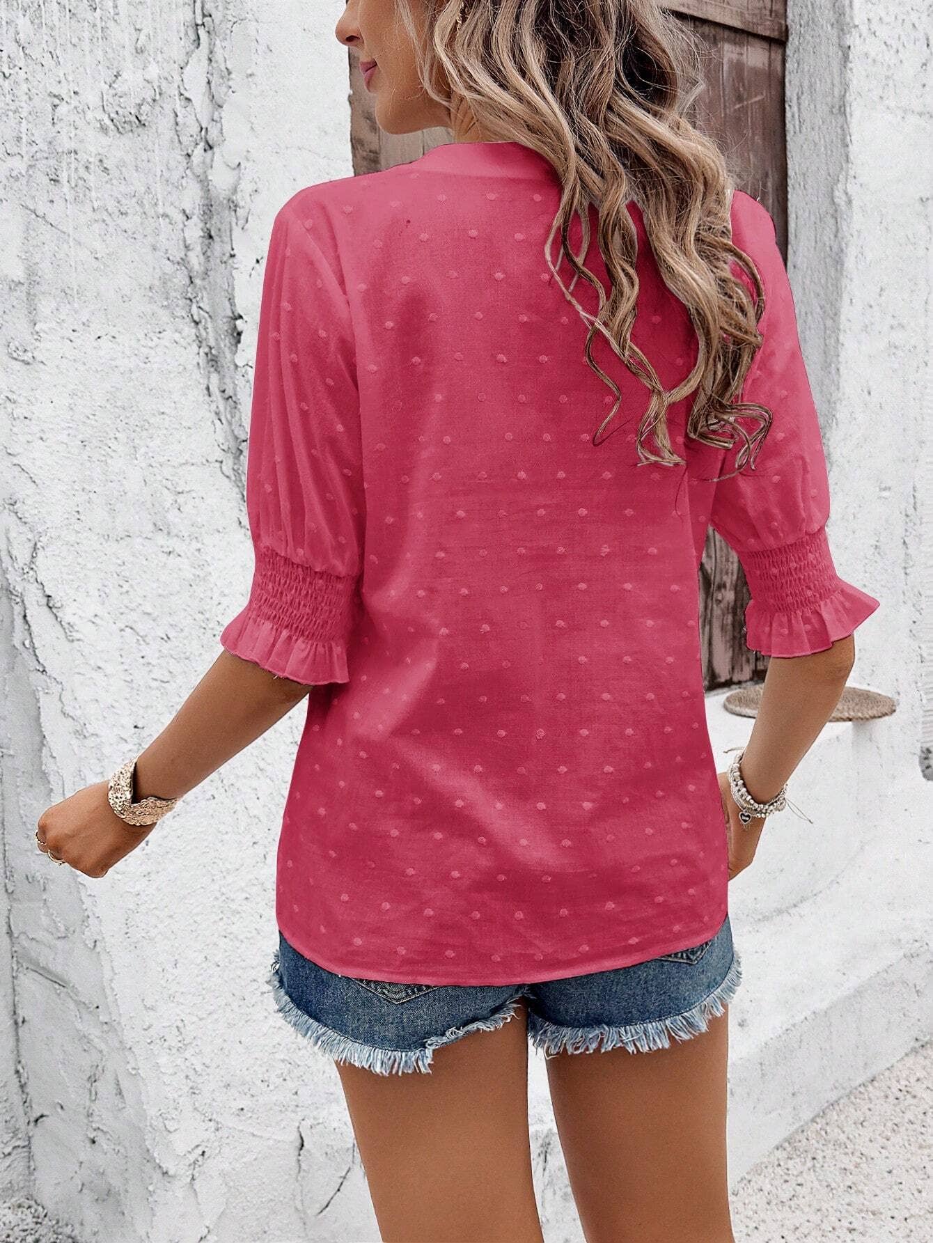 V-neck puffy sleeve cutout hairball lace T-shirt