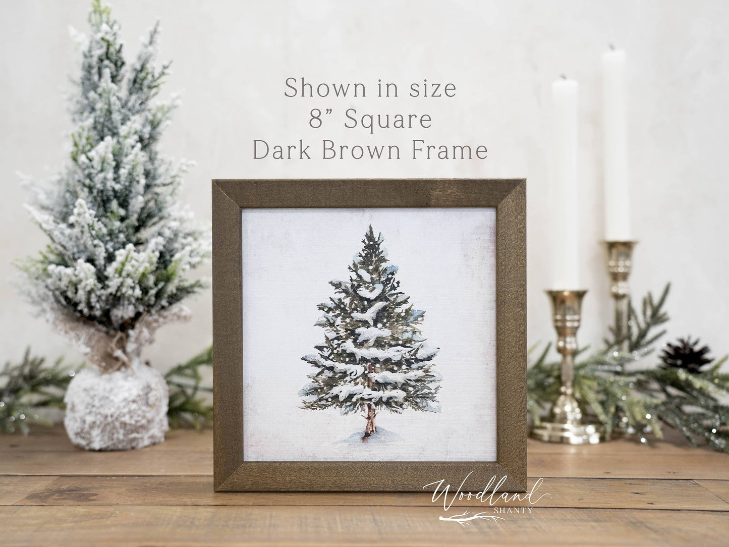 Snowy Tree Art Sign – 8x8 Rustic Winter Decor, Solid Wood Frame, Farmhouse Christmas Decoration