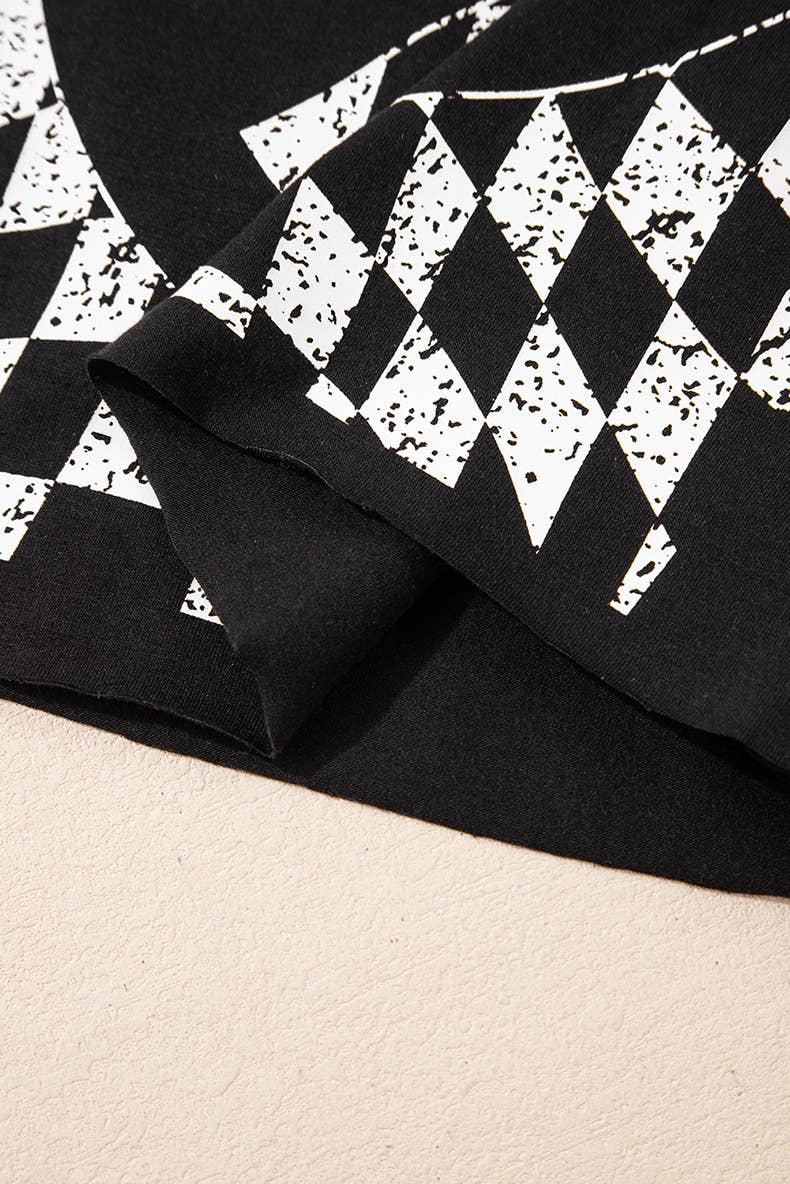 Chequered printed crew neck short-sleeved T-shirt