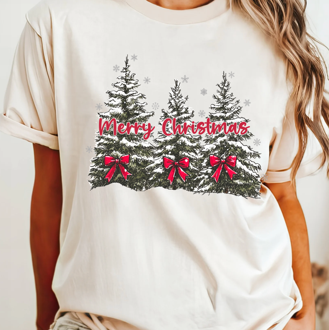Merry Christmas Sweatshirt – Snowy Christmas Trees Crewneck, Vintage Holiday Tee, Red Bow Christmas Shirt, Cozy Winter Unisex Pullover
