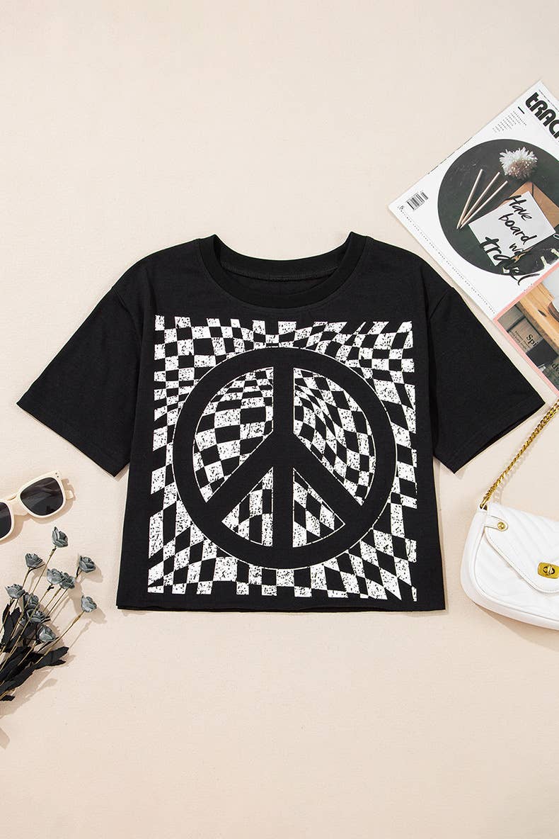 Chequered printed crew neck short-sleeved T-shirt