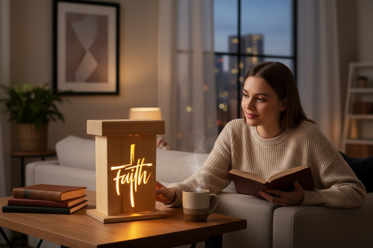 Faith Lantern – Cedar Wood Lighted "Faith" cutout
