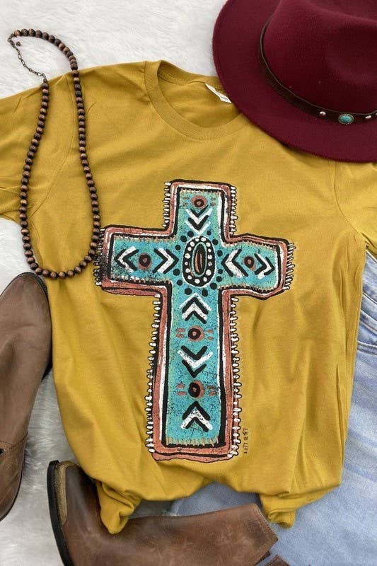 Turquoise Cross Graphic T-Shirt – Faith, Love & Boho Western Style Tee for Women