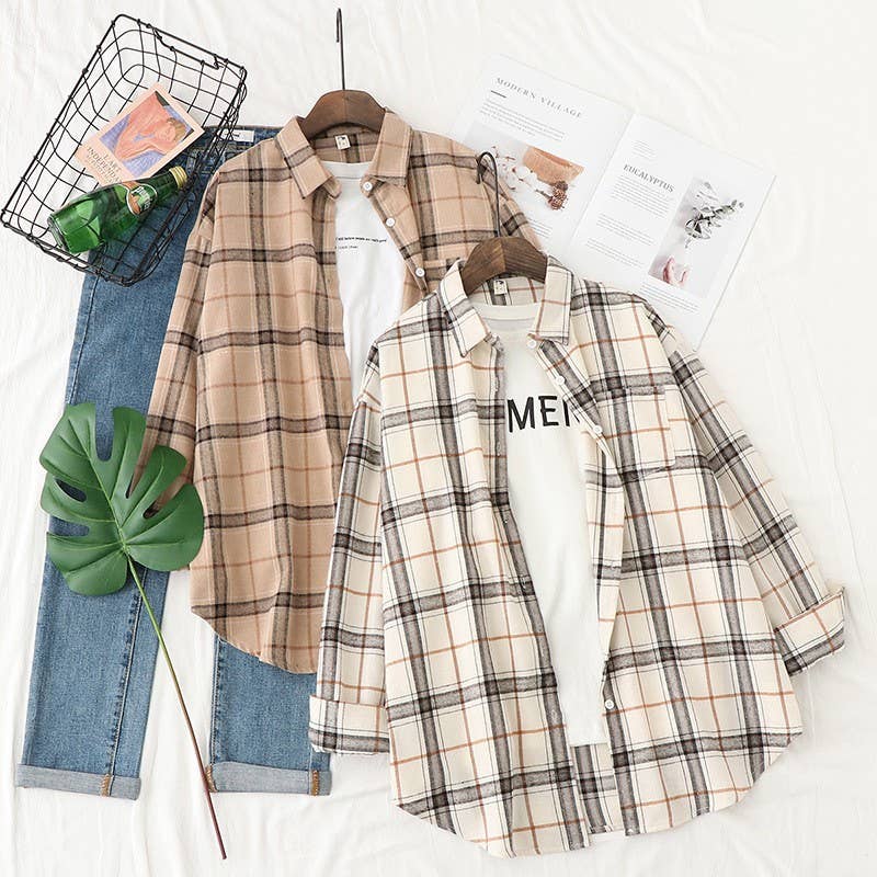Basic Relaxed plaid cotton blend button shirt jacket Shacket
