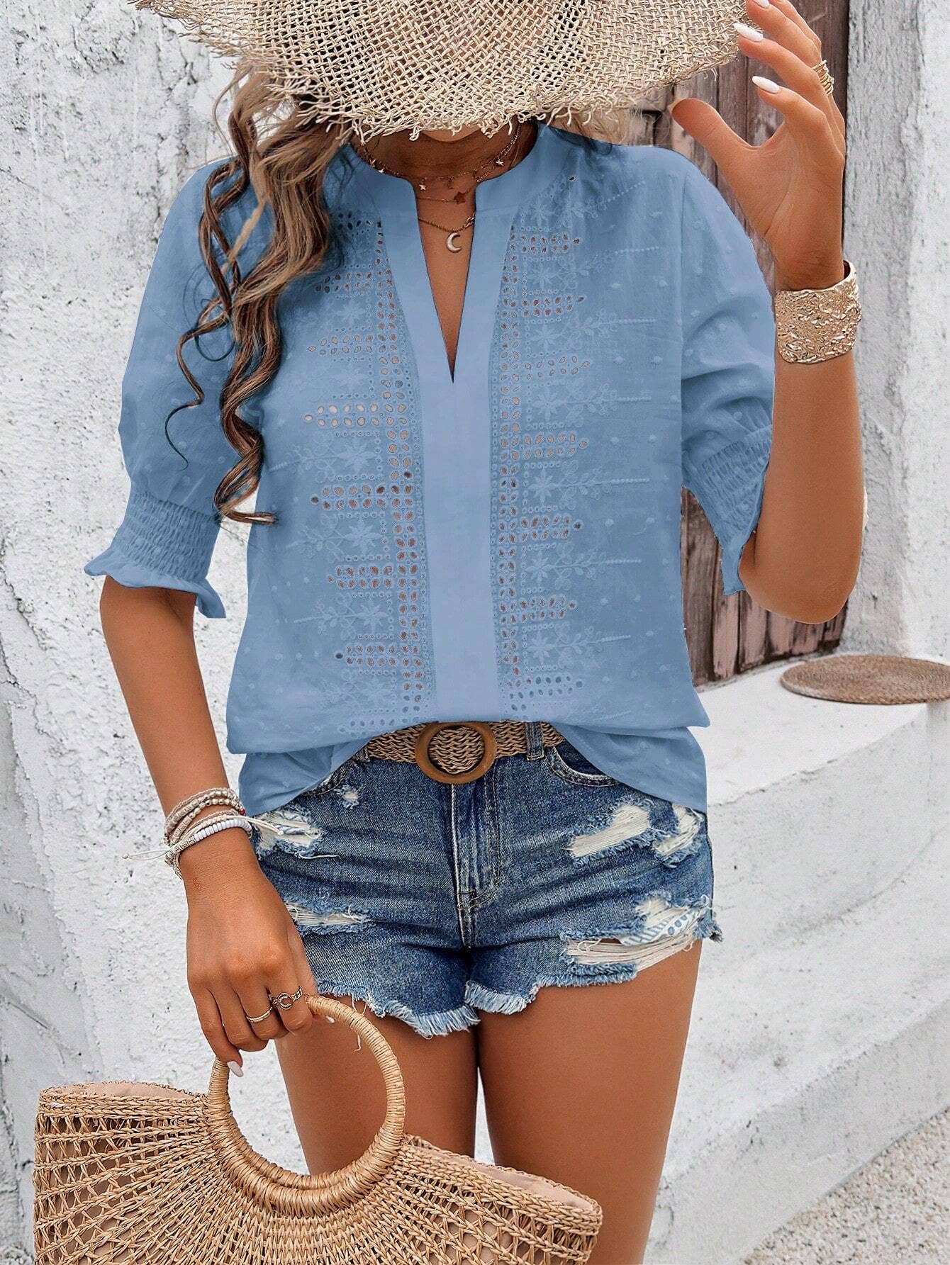 V-neck puffy sleeve cutout hairball lace T-shirt