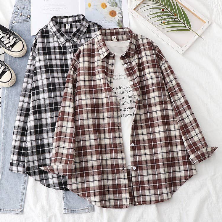 Basic Relaxed plaid cotton blend button shirt jacket Shacket