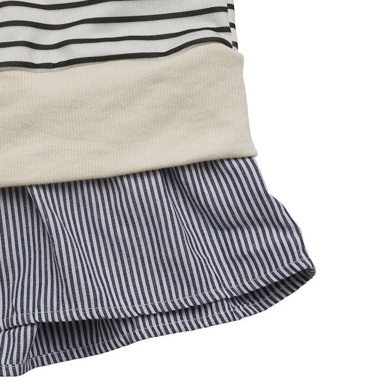 CREW-NECK STRIPED PATCHWORK FAKE TWO T-SHIRTS