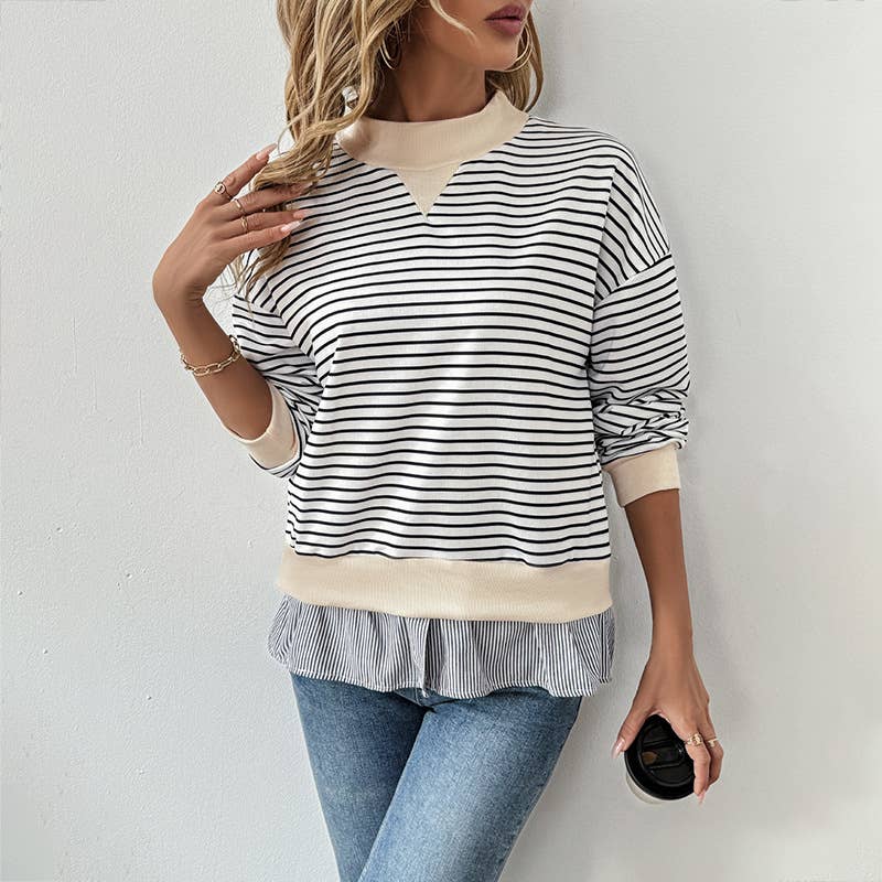 CREW-NECK STRIPED PATCHWORK FAKE TWO T-SHIRTS