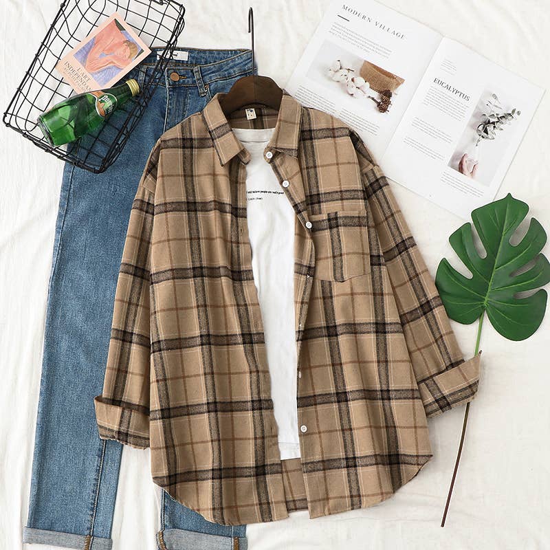 Basic Relaxed plaid cotton blend button shirt jacket Shacket